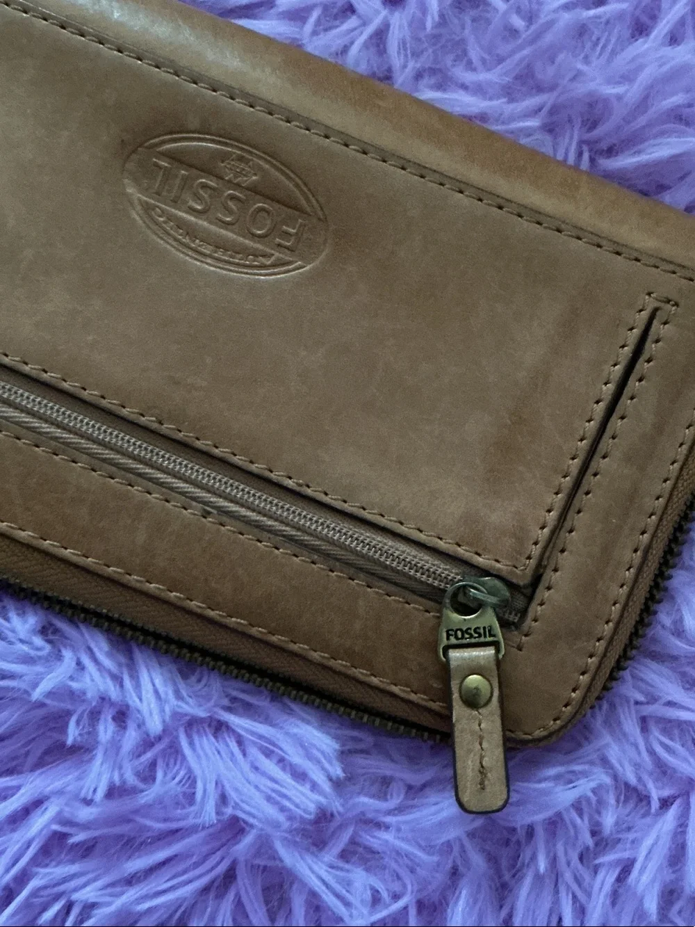 Fossil Brown Zip-Around Travel Wallet with Postal Graphic